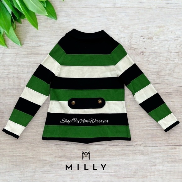 Milly NWT rare emerald, navy & off white striped cotton-silk cardigan/jacket - Picture 4 of 8